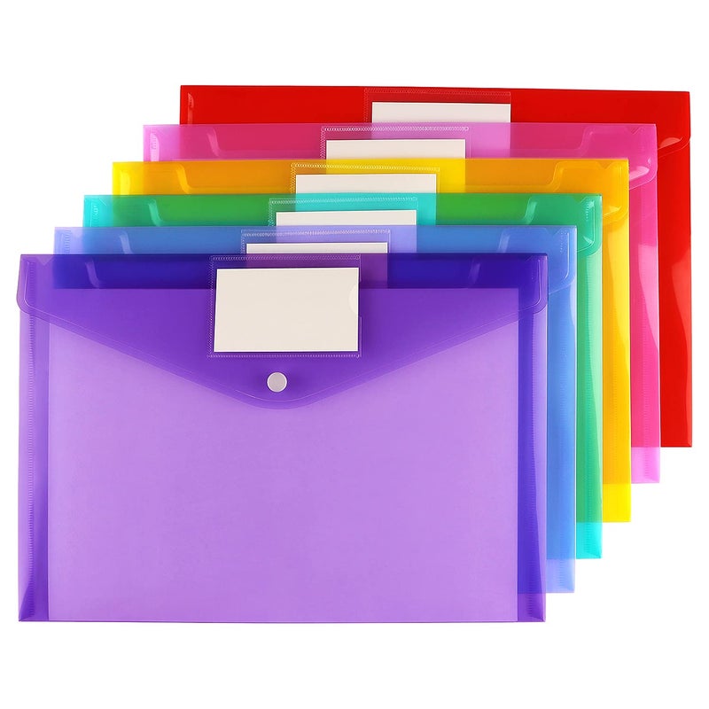 Hutou 6 Pack Clear Document Folders Plastic Envelopes Poly Envelopes File Envelopes with Label Pocket and Snap Button for Home Work Office Organization, Letter Size/A4 Size, 6 Colors - Image 2